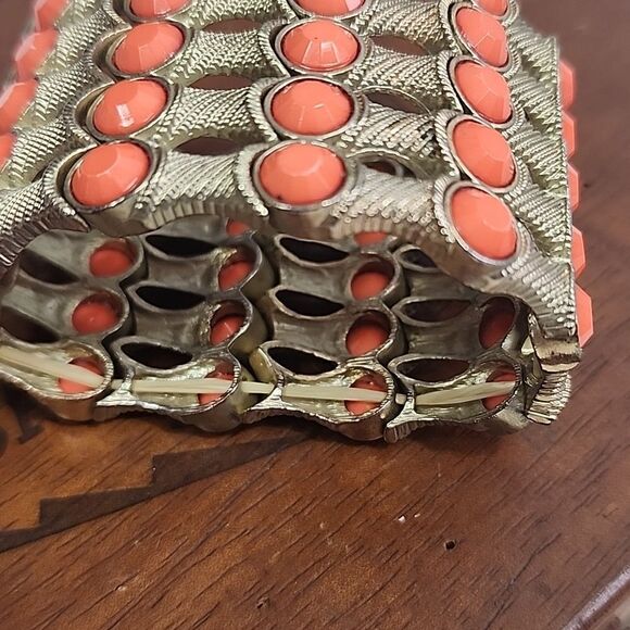Vintage Coral/Orange Bezel Metal Cuff Bracelet - Picture 5 of 5